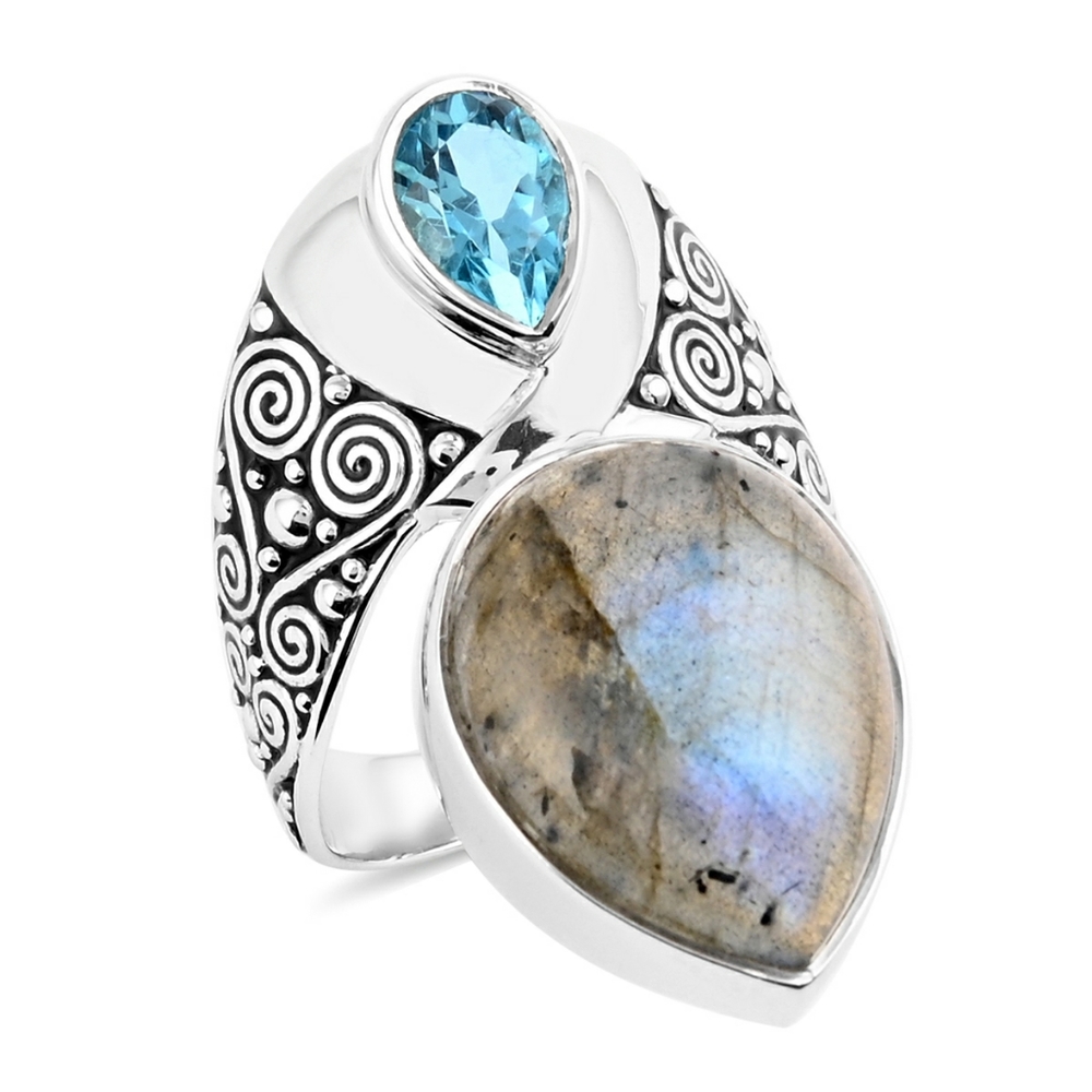 Labradorite & Blue Quartz Ring in 925 Sterling Silver